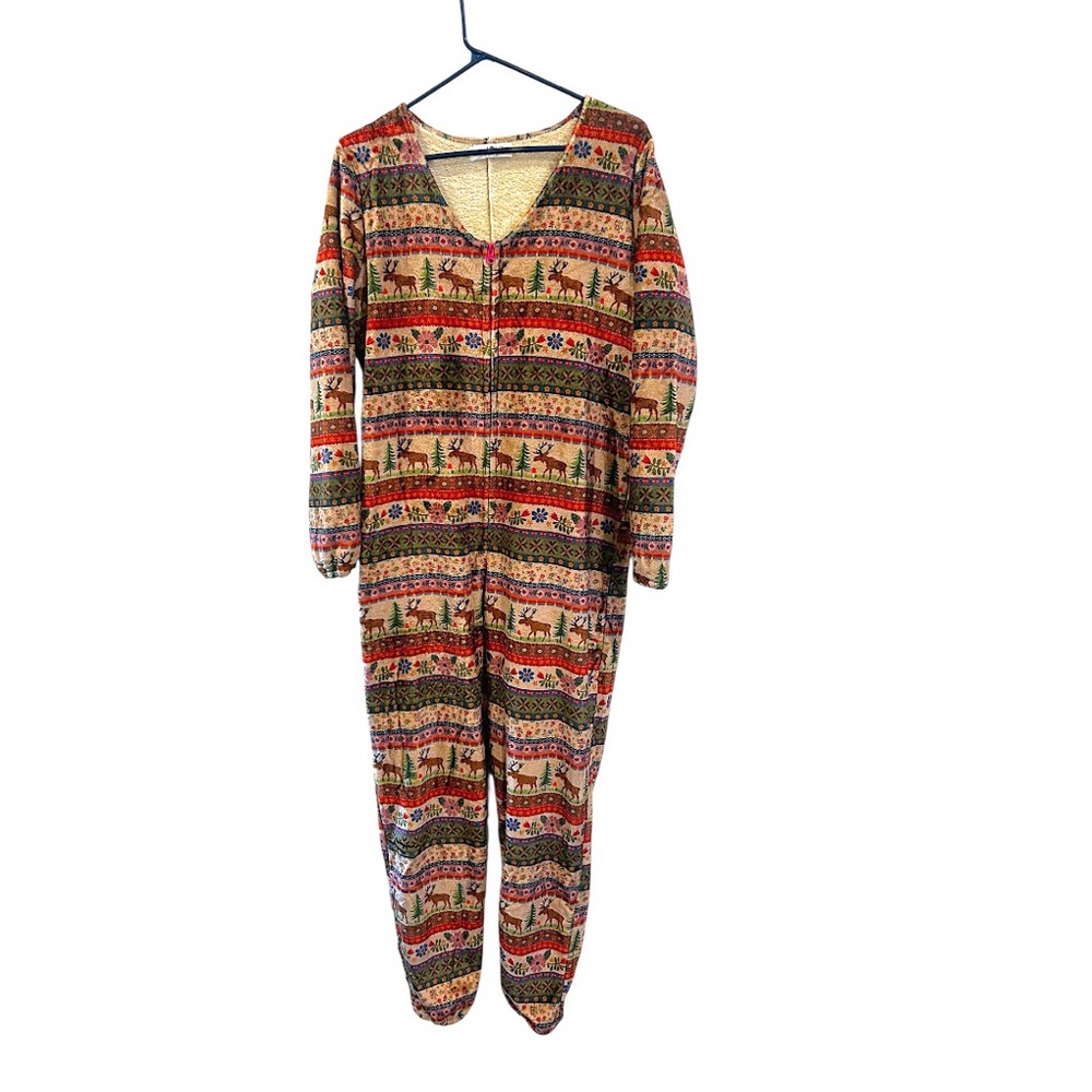 Natural Life PJ Onesie Zip Up Fleece Cozy Jumpsuit Moose Nature Outdoor Print XS